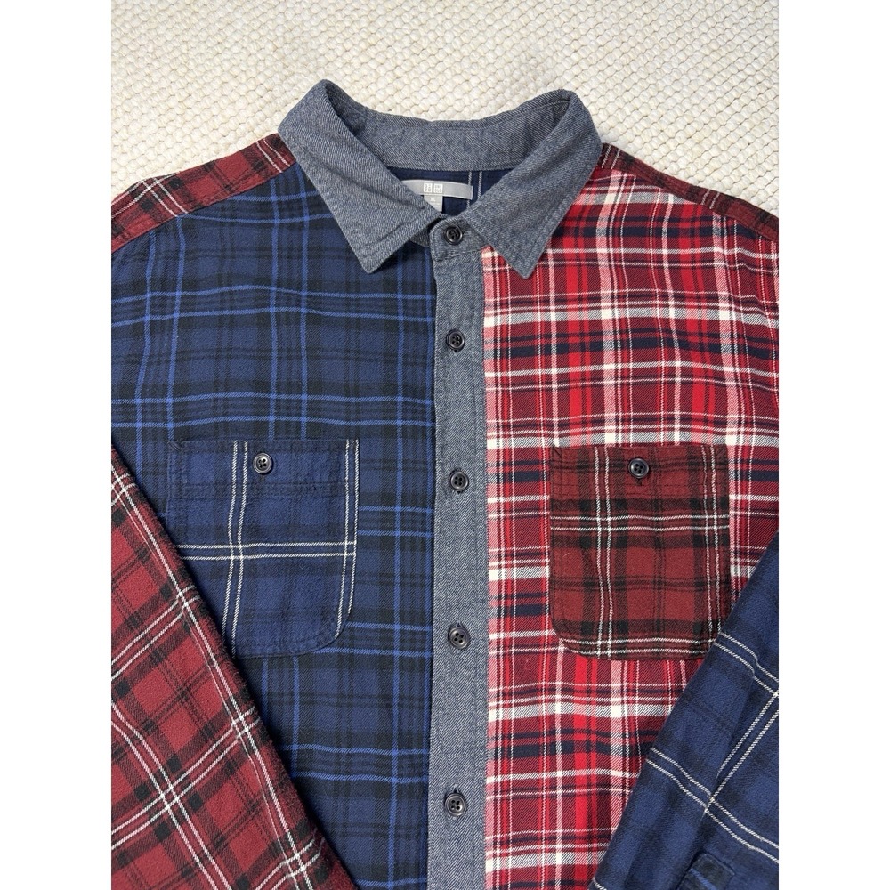 UNIQLO Mens XL Patchwork Plaid Flannel Shirt Red Navy Blue Cotton Button Up - Picture 2 of 6